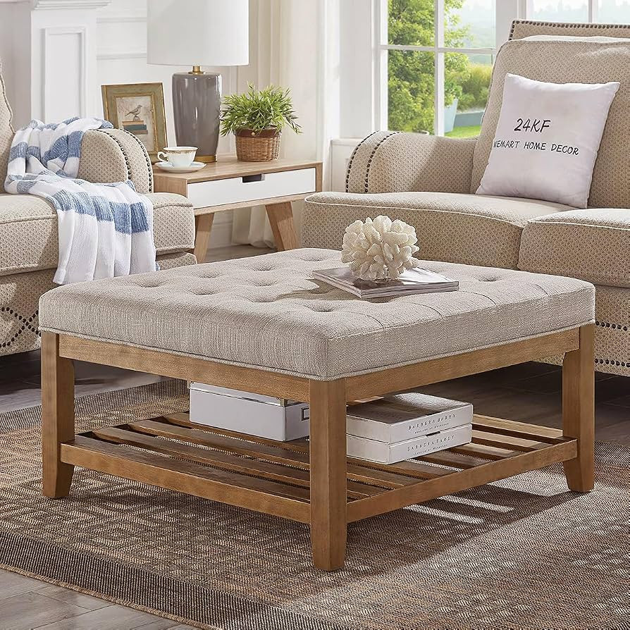 24KF Large Square Upholstered Tufted Linen Ottoman Coffee Table, Large Footrest Ottoman with Soli... | Amazon (US)