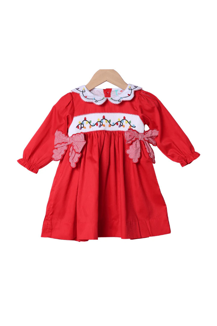 Smocked Christmas Lights Red Dress | The Smocked Flamingo