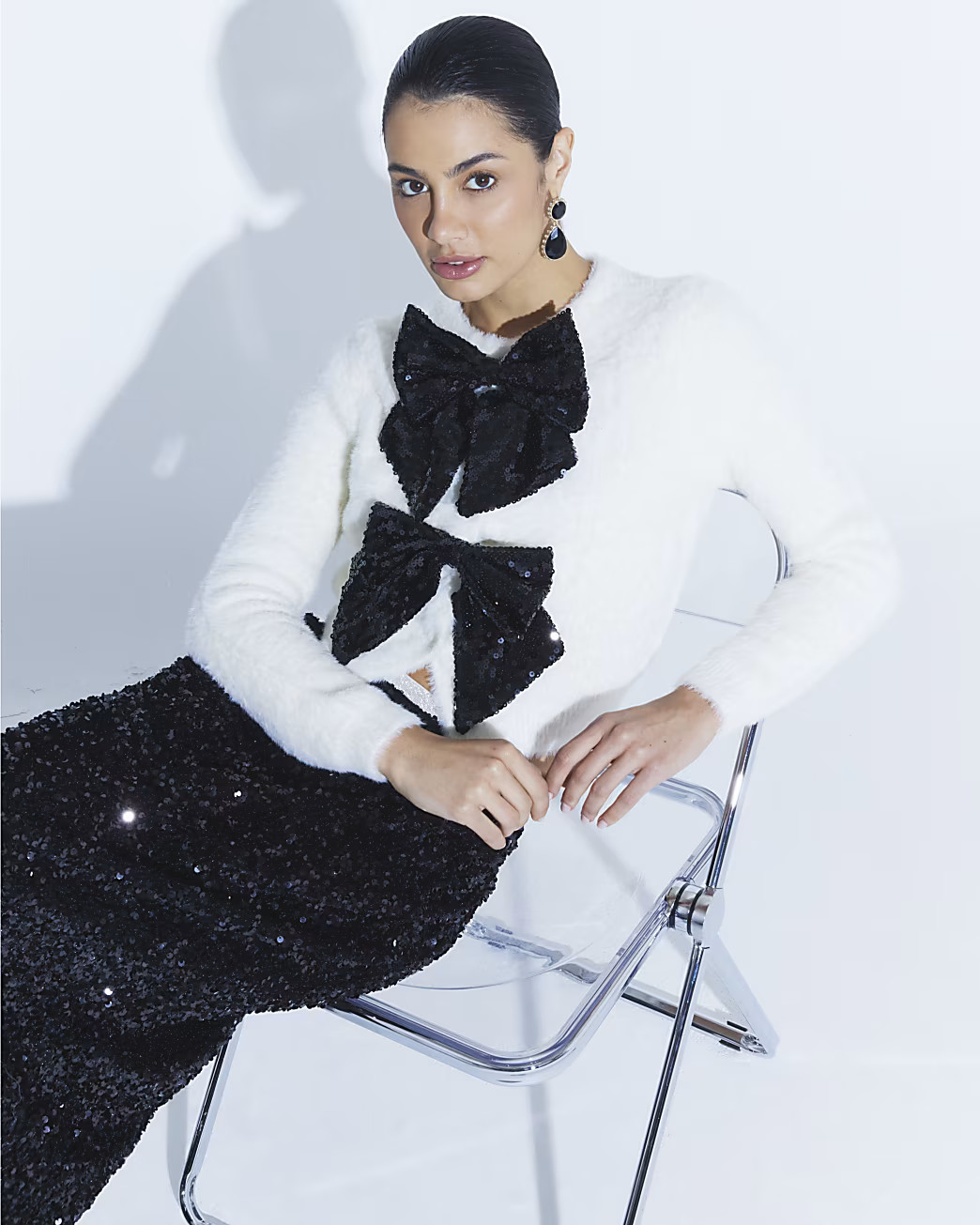 Cream Fluffy Long Sleeve Sequin Bow Cardigan | River Island UK & IE