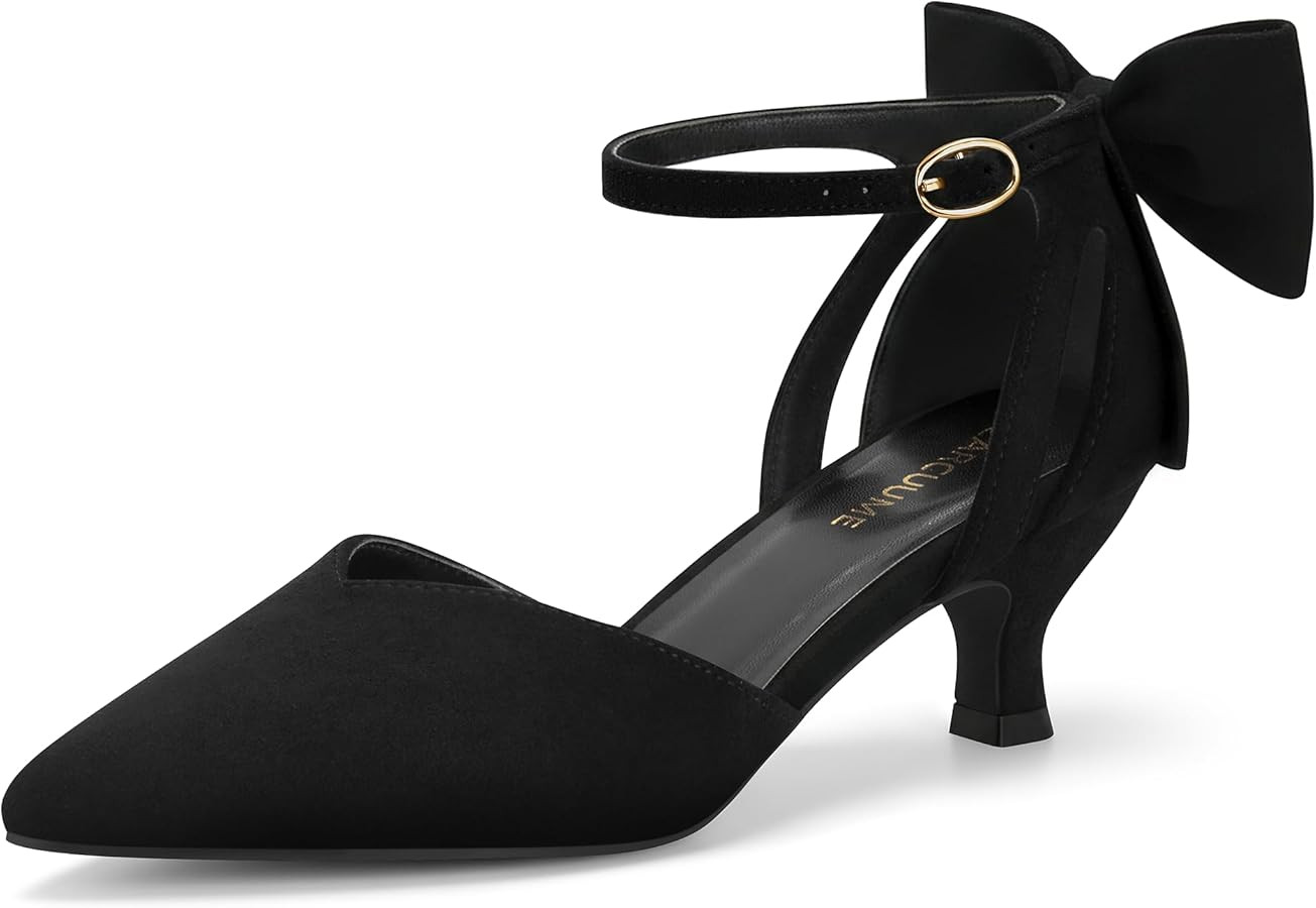 Carcuume Women's Kitten Heels with Bow Closed Toe Sandals Ankle Strap Wedding Pump Shoes | Amazon (US)
