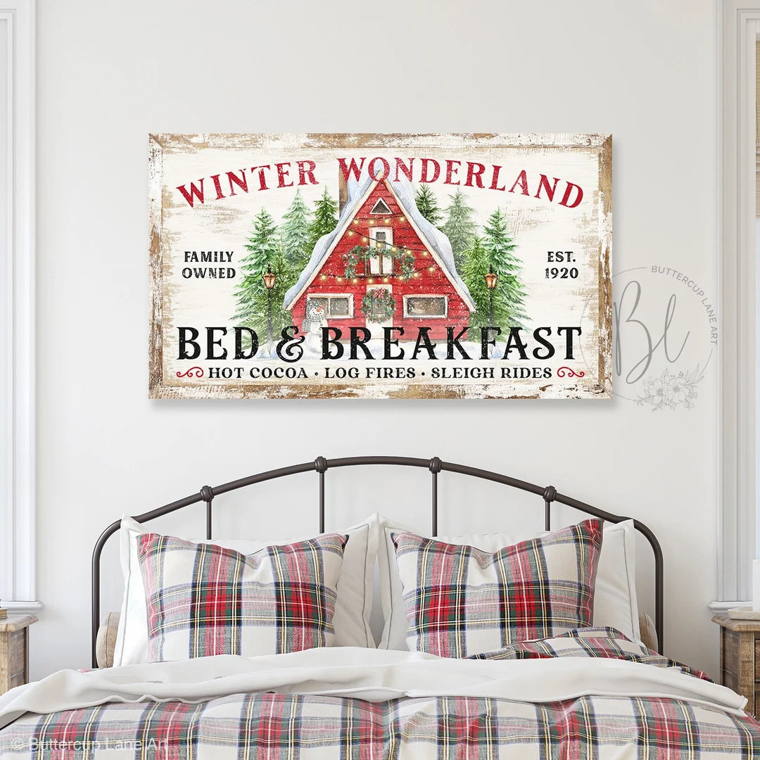 Christmas Cabin Sign, Winter Wonderland Bed & Breakfast, Large Christmas Wall Art Vintage, Rustic... | Etsy (US)