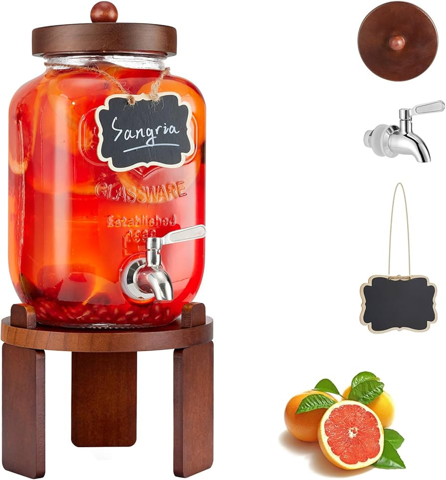1 Gallon Glass Drink Dispenser with Wood Stand,Beverage Dispenser for Fridge with 18/8 Stainless ... | Amazon (US)