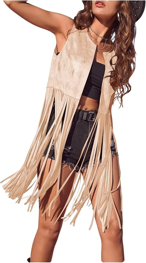Women's Fringe Vest Sleeveless 70s Hippie Faux Suede Trim Western Cowgirl Tassel Jacket Cardigan | Amazon (US)