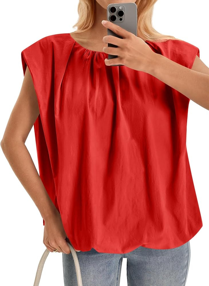 Cicy Bell Womens Summer Cap Sleeve Blouses Casual Pleated Open Back Crew Neck Bubble Tank Tops Bo... | Amazon (US)