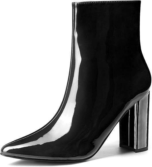 Allegra K Women's Chunky Heel Pointed Toe Zipper Ankle Boots | Amazon (US)