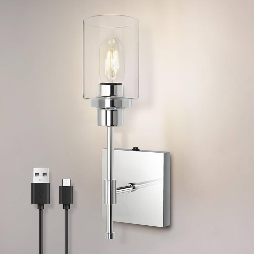 HYMELA C01 Battery Operated Wall Sconce No Wired, Rechargeable Wall Lamp with Clear Glass Shade, ... | Amazon (US)