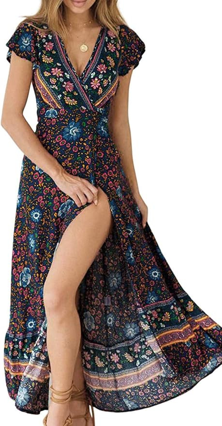 ZESICA Women's Bohemian Floral Printed Wrap V Neck Short Sleeve Split Beach Party Maxi Dress | Amazon (US)