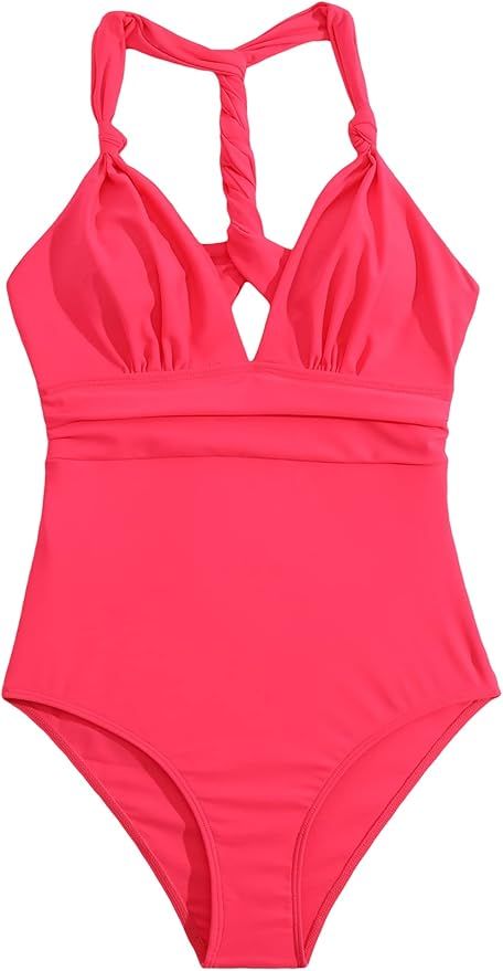 Floerns Women's Cut Out Twist Front Ruched Bust Plunge Neck One Piece Swimsuit | Amazon (US)