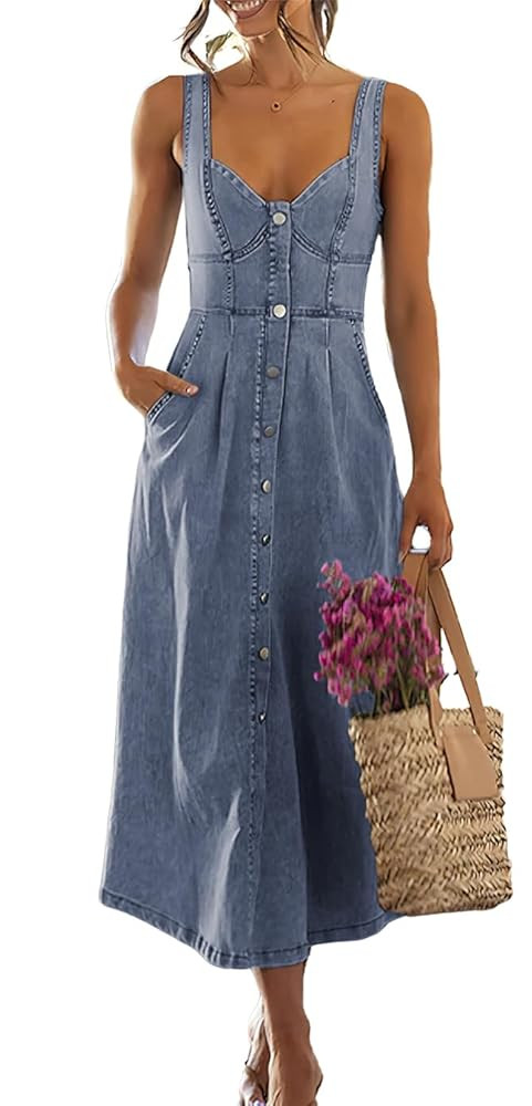 ebossy Stretchy Smocked Denim Dress for Women Sleeveless Babydoll Button Down Midi Long Jean Dres... | Amazon (US)