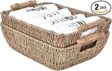 StorageWorks Hand-Woven Large Storage Baskets with Wooden Handles, Seagrass Wicker Baskets for Or... | Amazon (US)