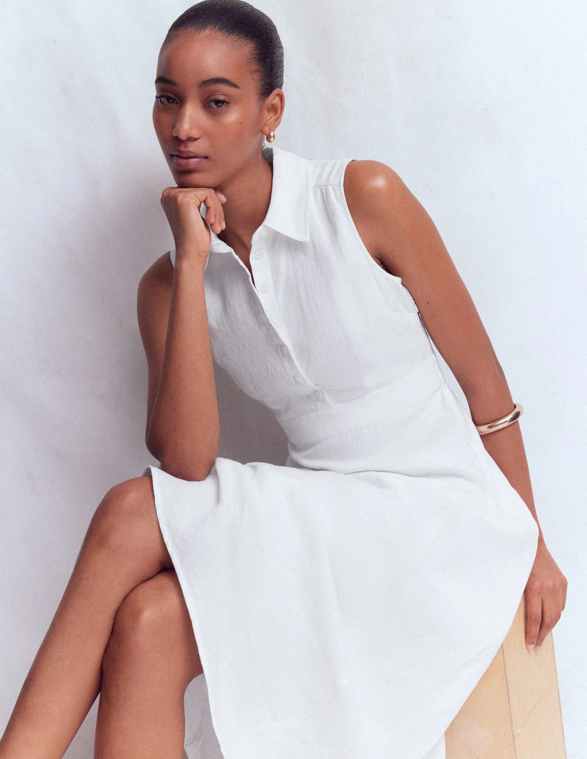 Erma Drop Waist Linen Dress-White | Boden UK