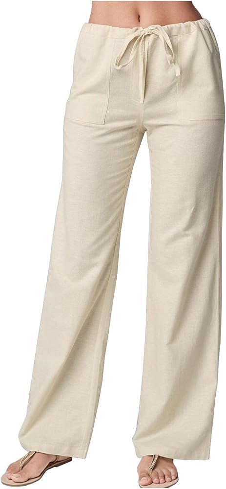 LifeShe Women's Drawstring Elastic Waist Linen Pants with Pocket Straight Casual Beach Trousers | Amazon (US)