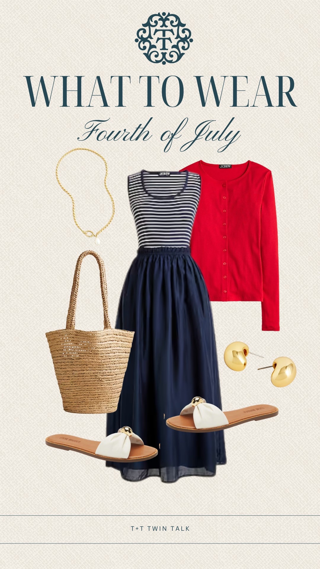 What to wear for Fourth of July! A navy maxi dress with a red cardigan draped around your shoulders. Accessorize with a straw tote to carry all those sparklers with you! 

#LTKOver40 #LTKSeasonal #LTKStyleTip