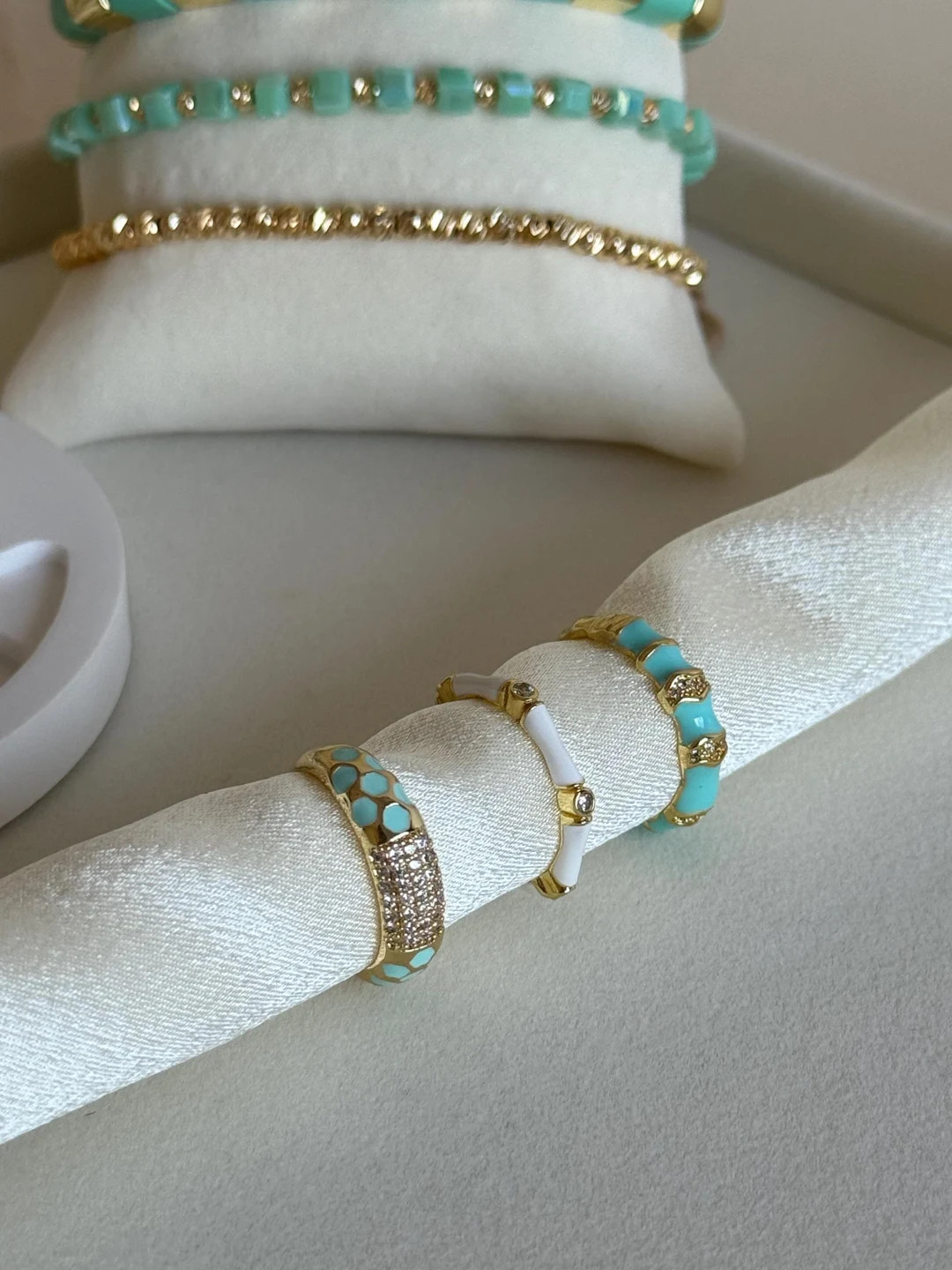 Mint Green Enamel Ring Set With Zircon Gemstone, Set of 3 Mint&gold Enamel Band Ring,enamel Stack... | Etsy (US)