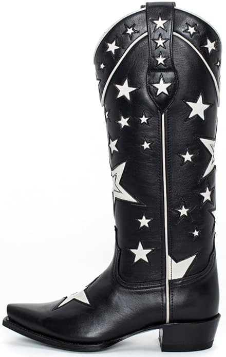 YIYA Women's Star Cowboy Boots Black and White Cowgirl Boots with White Stars Pointed Toe Chunky ... | Amazon (US)