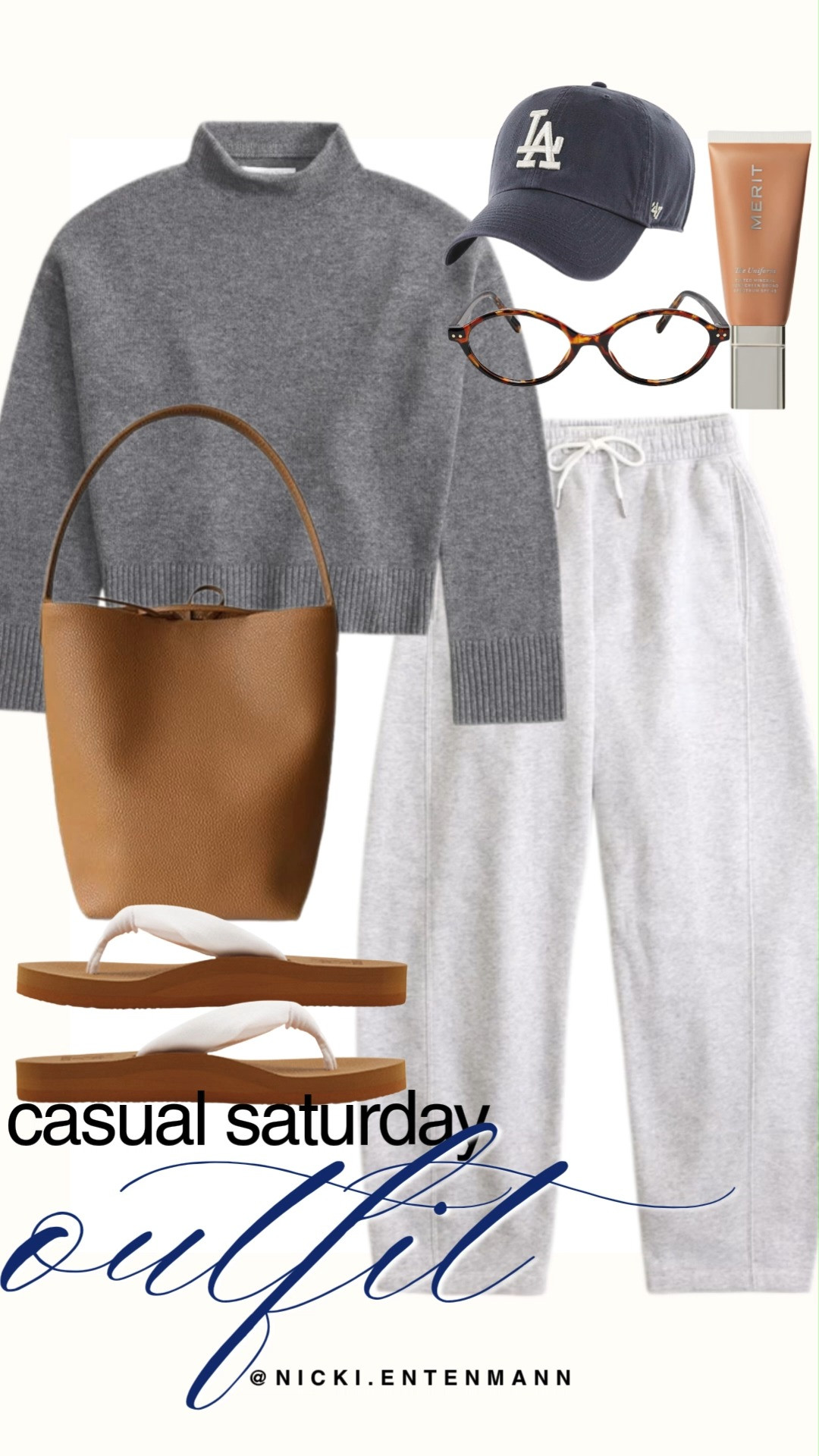 Enjoy a relaxing weekend in style with this effortless casual Saturday outfit. This comfortable look pairs a cozy mock-neck grey sweater with light grey drawstring sweatpants for the ultimate lounge aesthetic. Complete the ensemble with a tan leather bucket bag, comfortable platform flip-flops, a charcoal LA baseball cap, tortoise glasses, and a touch of Merit complexion stick.

#casualsaturday #weekendstyle #comfychic #loungewear #everydaylook #streetstyle #meritbeauty #casualoutfit #saturdayootd #offduty 

 #LTKootd #LTKmomlife #LTKSaleAlert