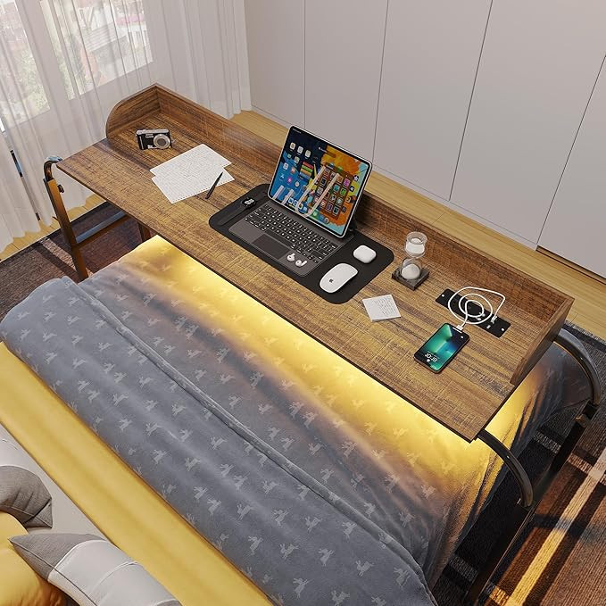 Overbed Desk with Charging Station-Over Bed Table-Adjustable Length/Height with Wheels - Human Se... | Amazon (US)