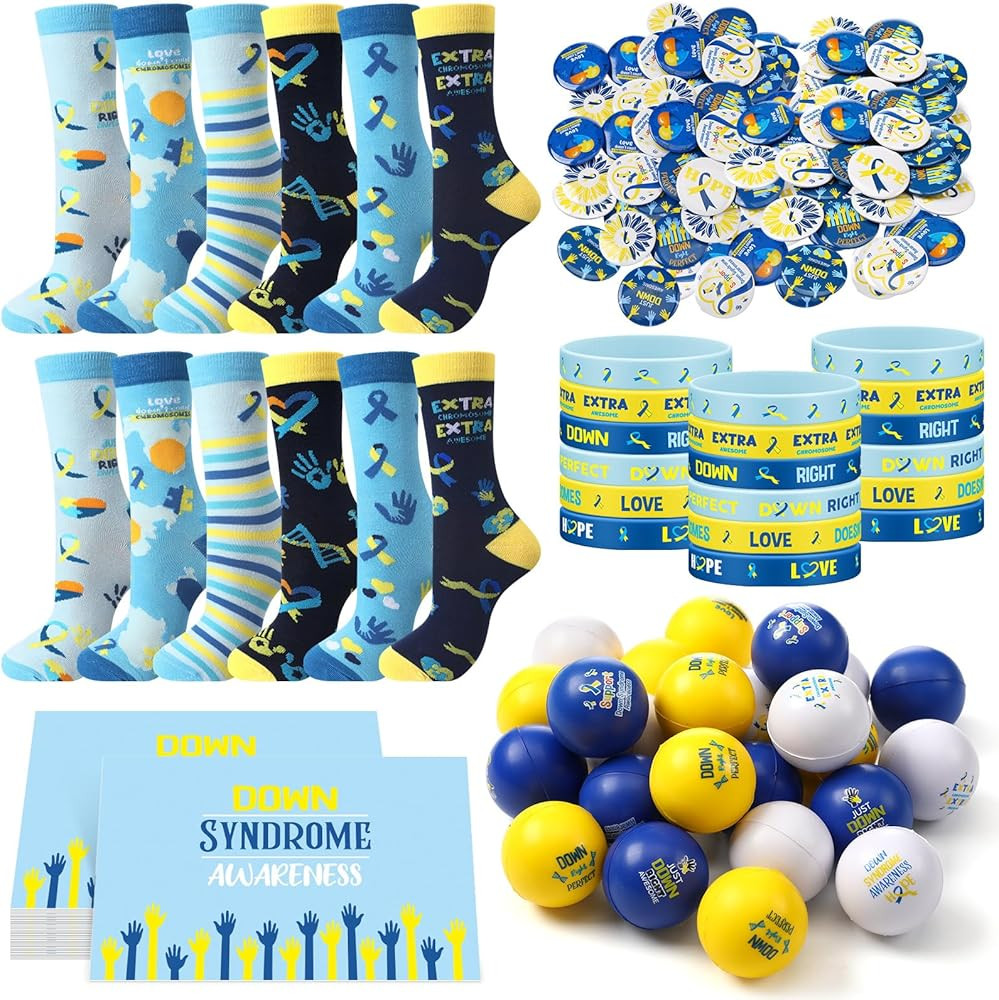 120 Pcs Down Syndrome Accessories Set World Down Syndrome Day Socks Ribbon Bracelets Pin Yellow S... | Amazon (US)