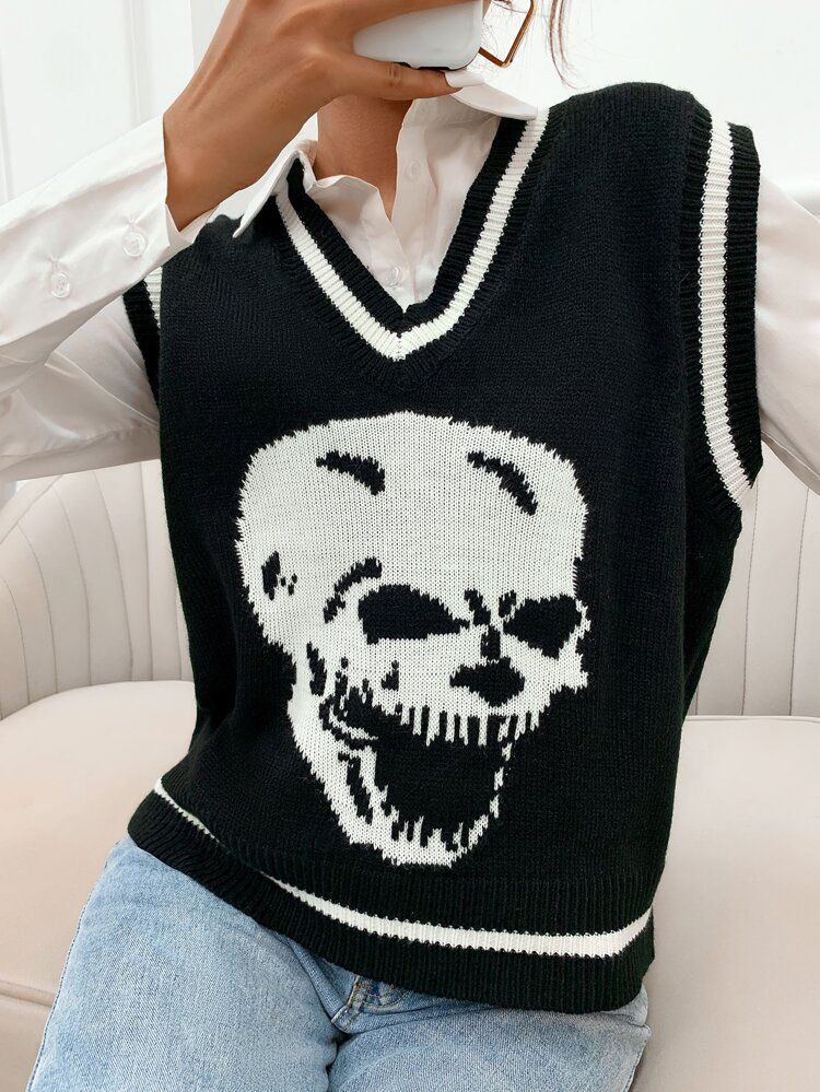 Skeleton Print Sweater Vest Without Blouse | SHEIN
