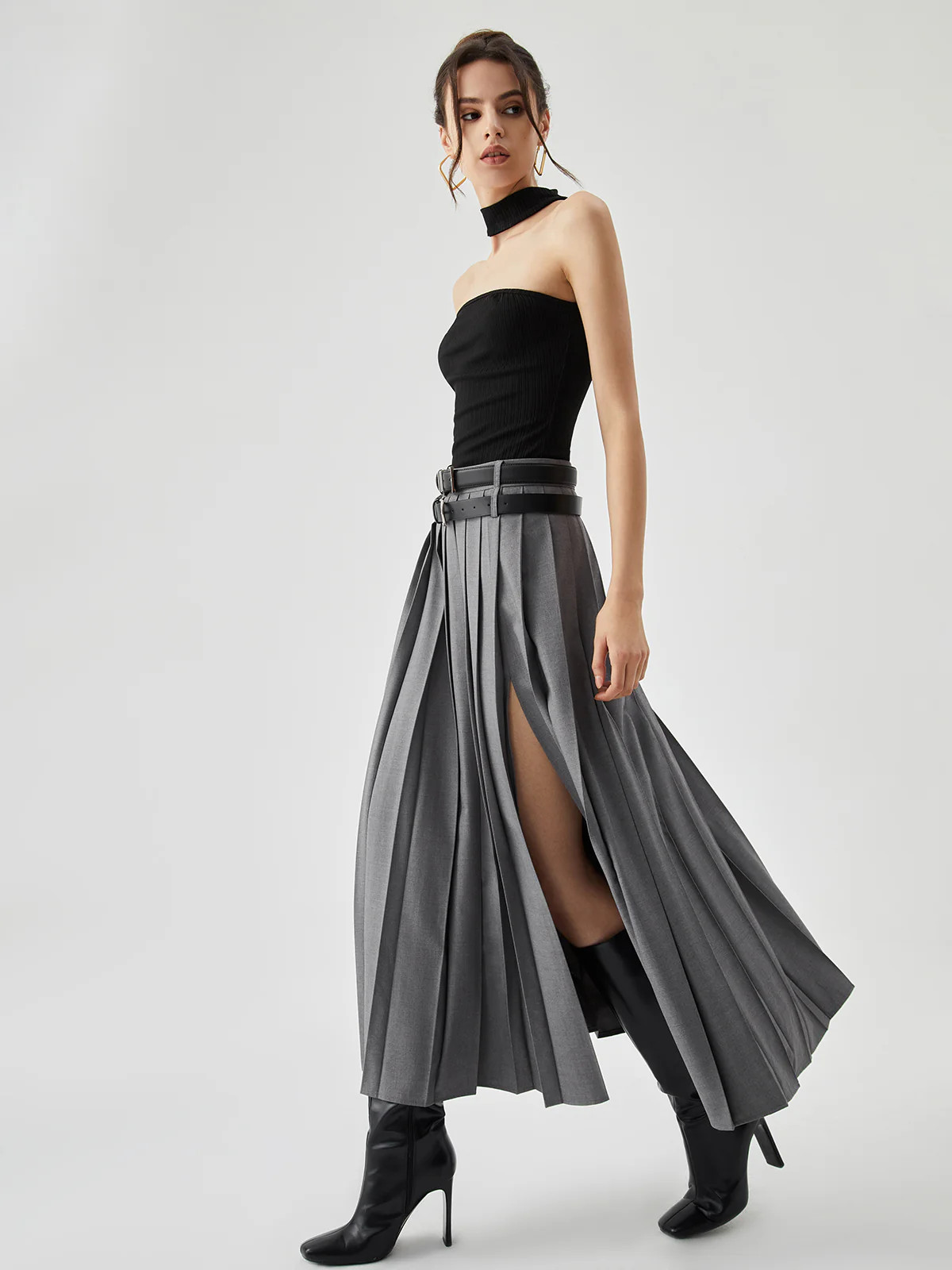 Pleated Split Maxi Skirt Without Belt | Commense