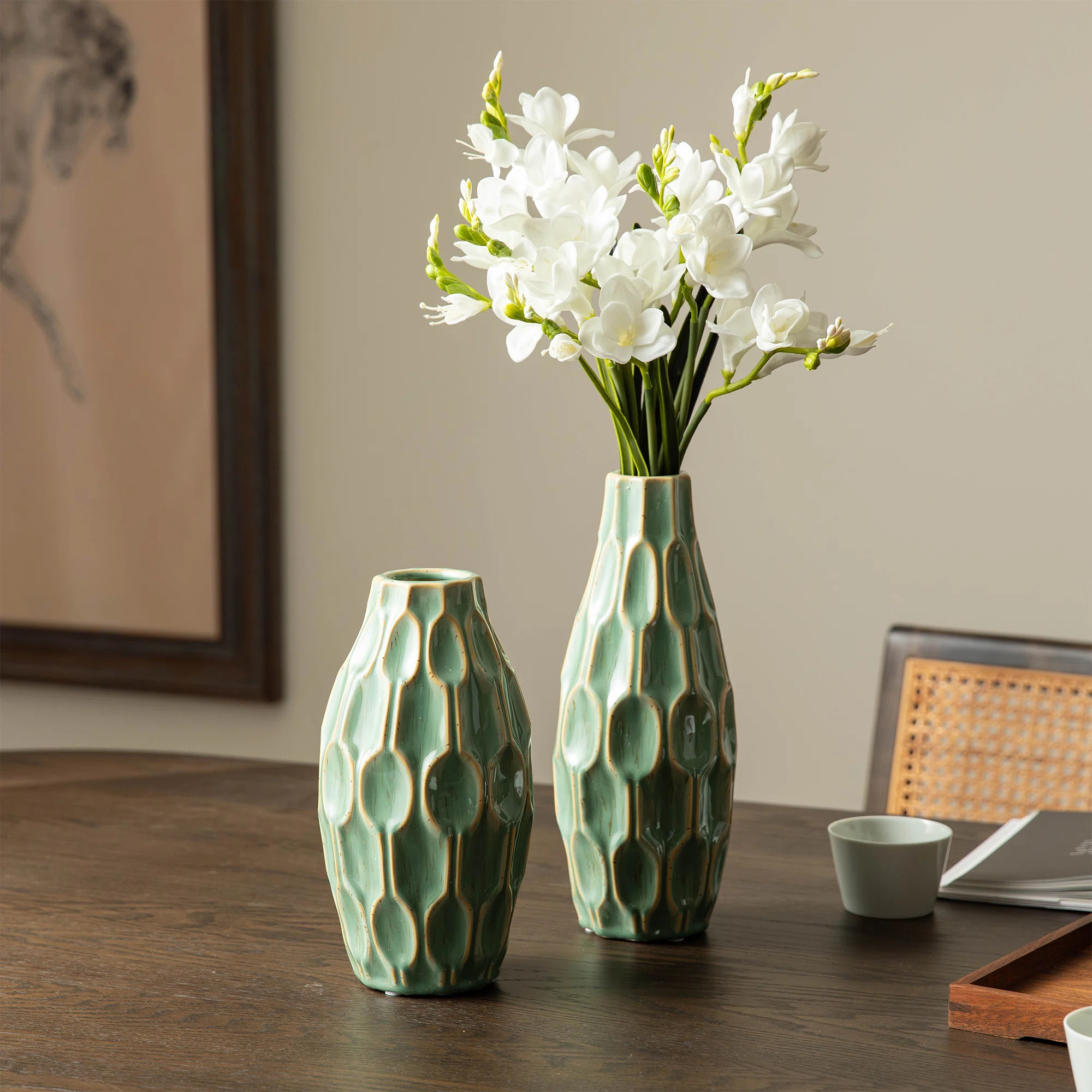 Modern Geometric Green Ceramic Table Vases (Set of 2) | Wayfair North America