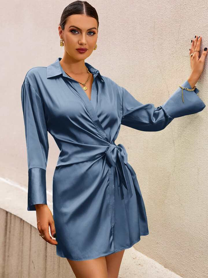 SHEIN BIZwear Drop Shoulder Knot Side Satin Dress Workwear | SHEIN