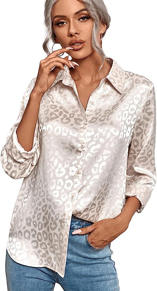 MakeMeChic Women's Satin Silk Long Sleeve Blouse Button Down Shirt Casual Top | Amazon (US)