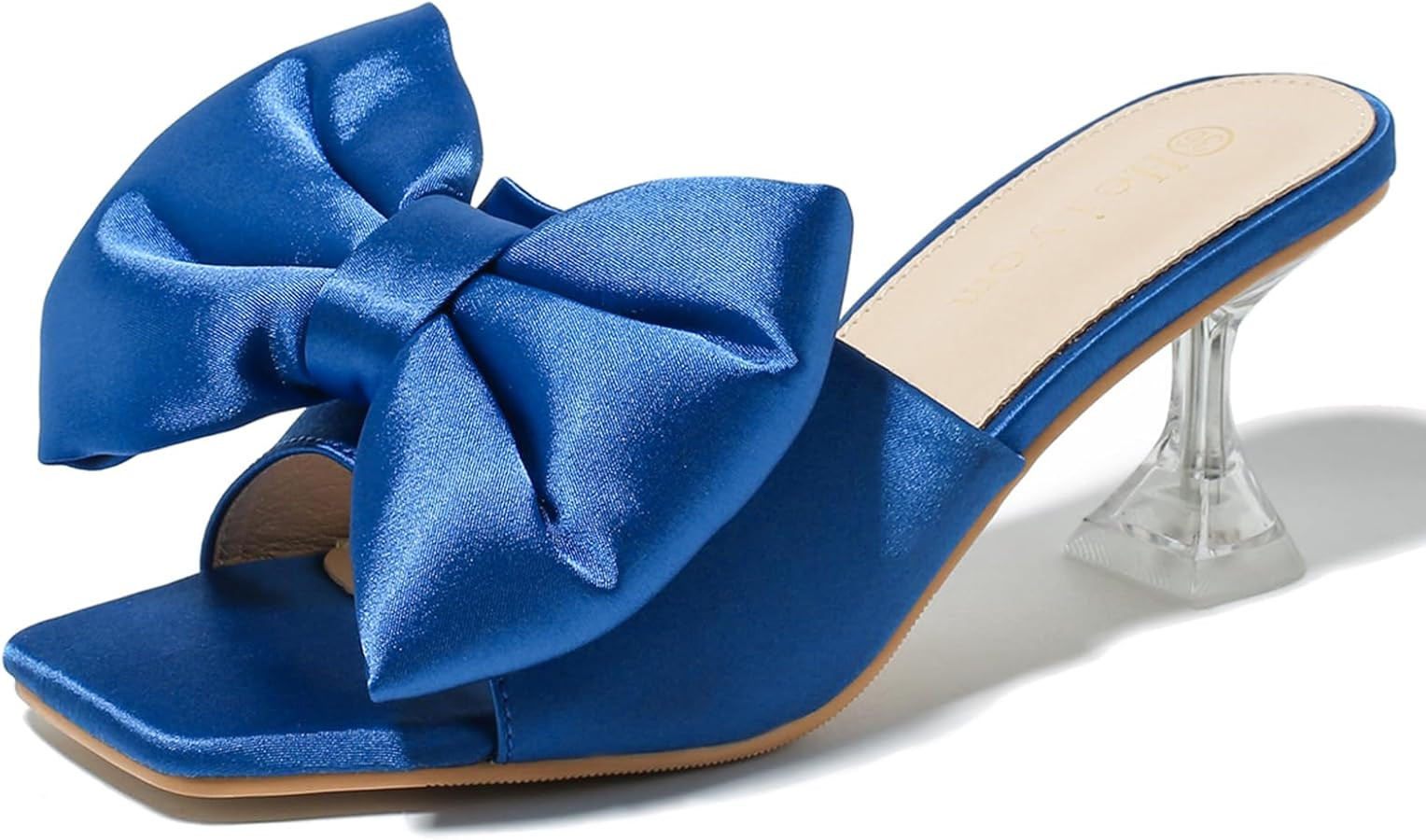 Heiyom Women's Square Toe Low Stilettos Heels Mules Sandals Slip on Satin Bow Heels Wedding Brida... | Amazon (US)