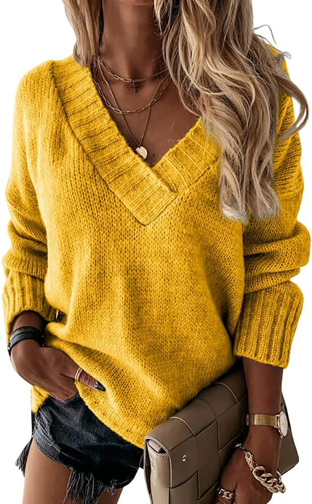 Womens Loose Sweaters Sexy V Neck Long Sleeve Solid Knitted Jumper Pullover Sweatshirt Tops | Amazon (US)