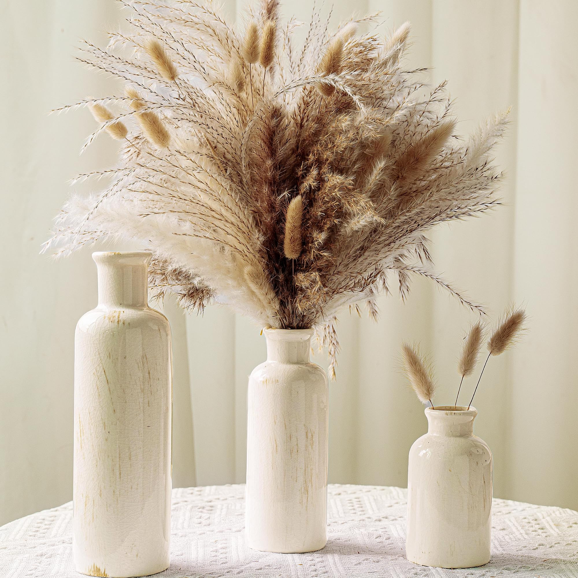 Pampas Grass with Vase Set – 3 Beige White Ceramic Vases with Natural Dried Pampas, Bunny Tails... | Amazon (US)