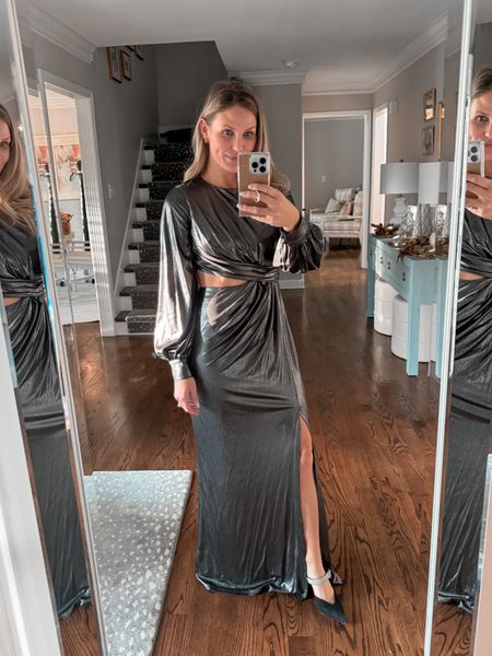 Foil metallic cut out gown on major sale & it's stunning! I'm wearing a size 4! Plan on wearing this for  black tie wedding this month  

#LTKHoliday #LTKwedding #LTKSeasonal