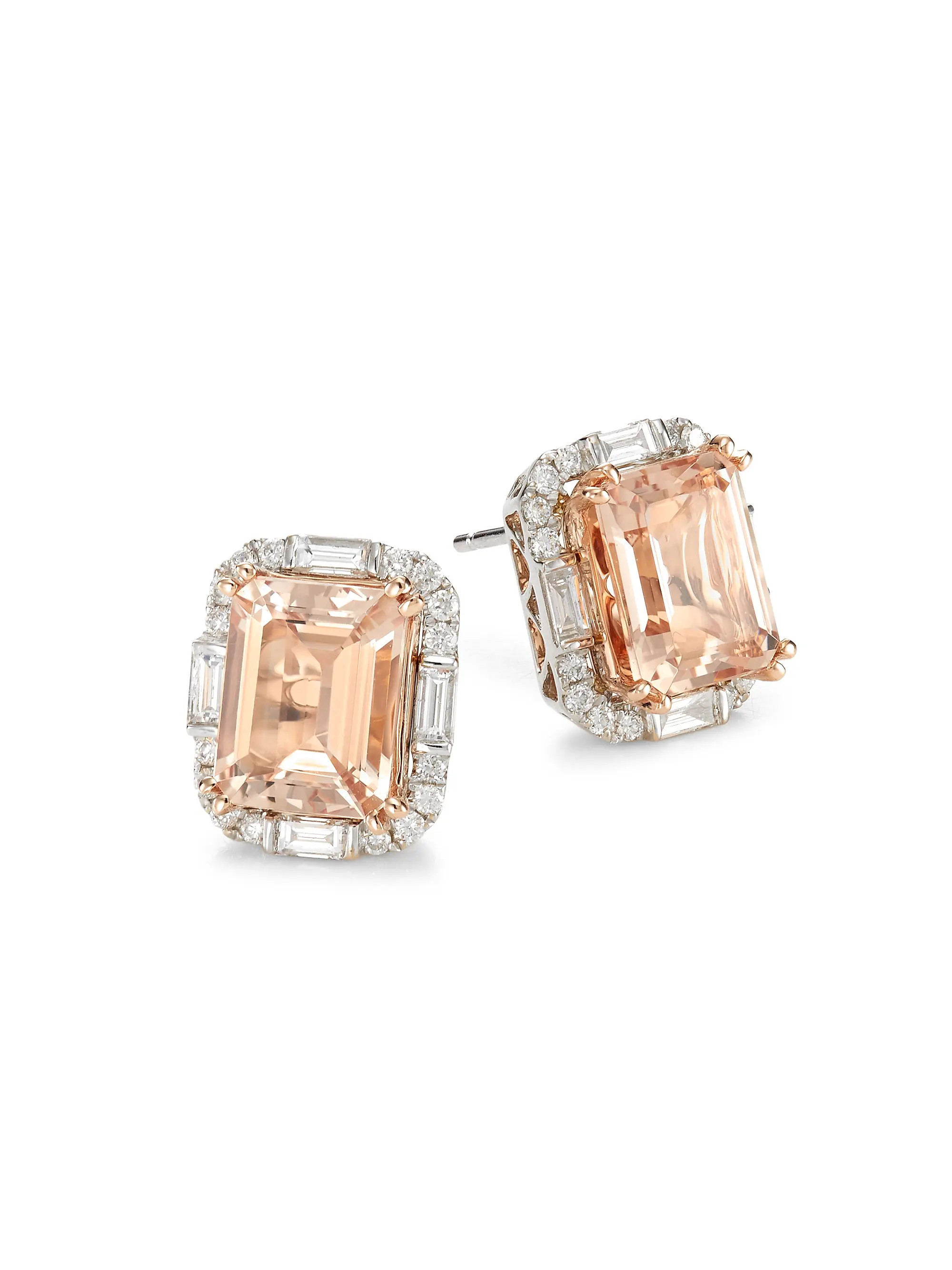 Two-Tone 14K Gold, Morganite & Diamond Stud Earrings | Saks Fifth Avenue