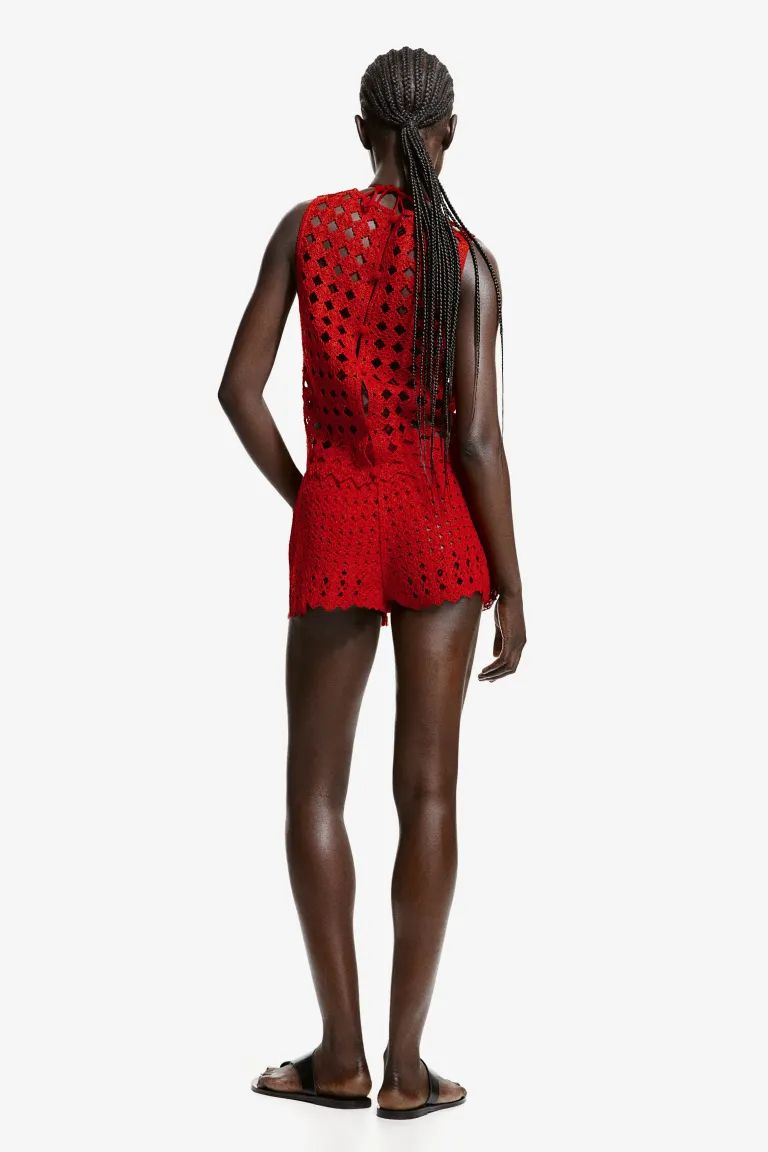 Crochet-look Tank Top - Round Neck - Sleeveless - Bright red - Ladies | H&M US | H&M (US + CA)