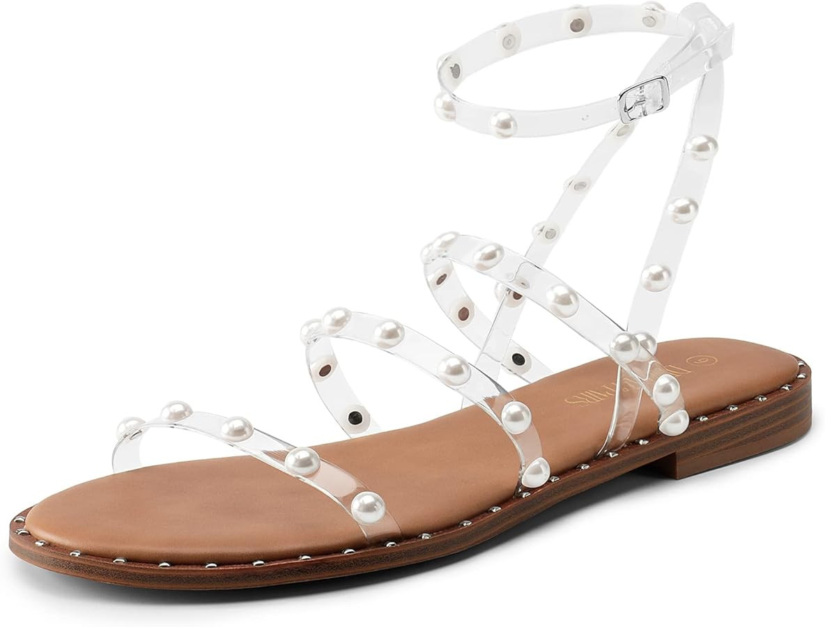 DREAM PAIRS Women's Clear Studded Pearl Gladiator Strappy Flat Sandals | Amazon (US)