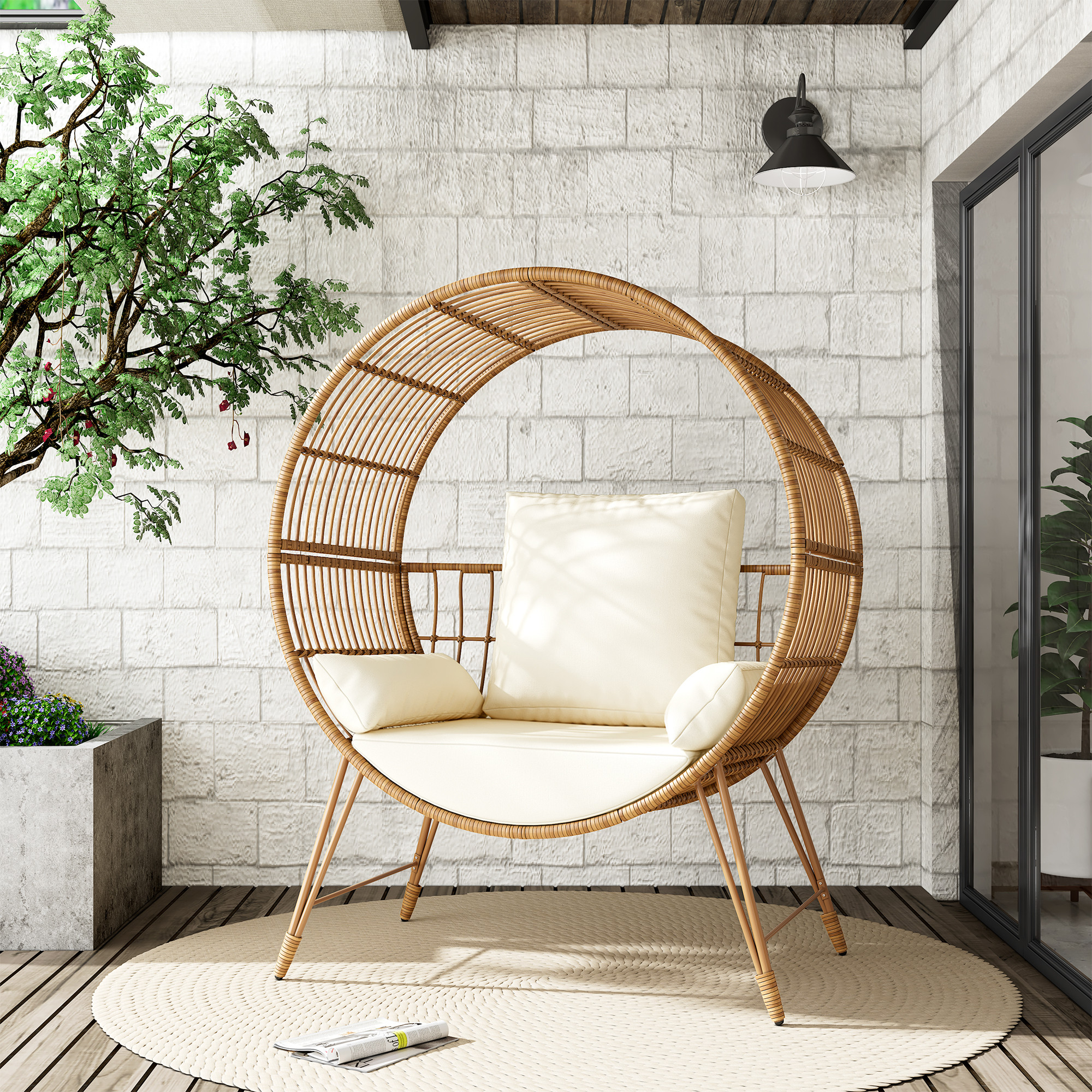 Brafab Wicker Round Egg Chair Patio Lounger with Steel Frame,350lb Capacity,Beige | Walmart (US)