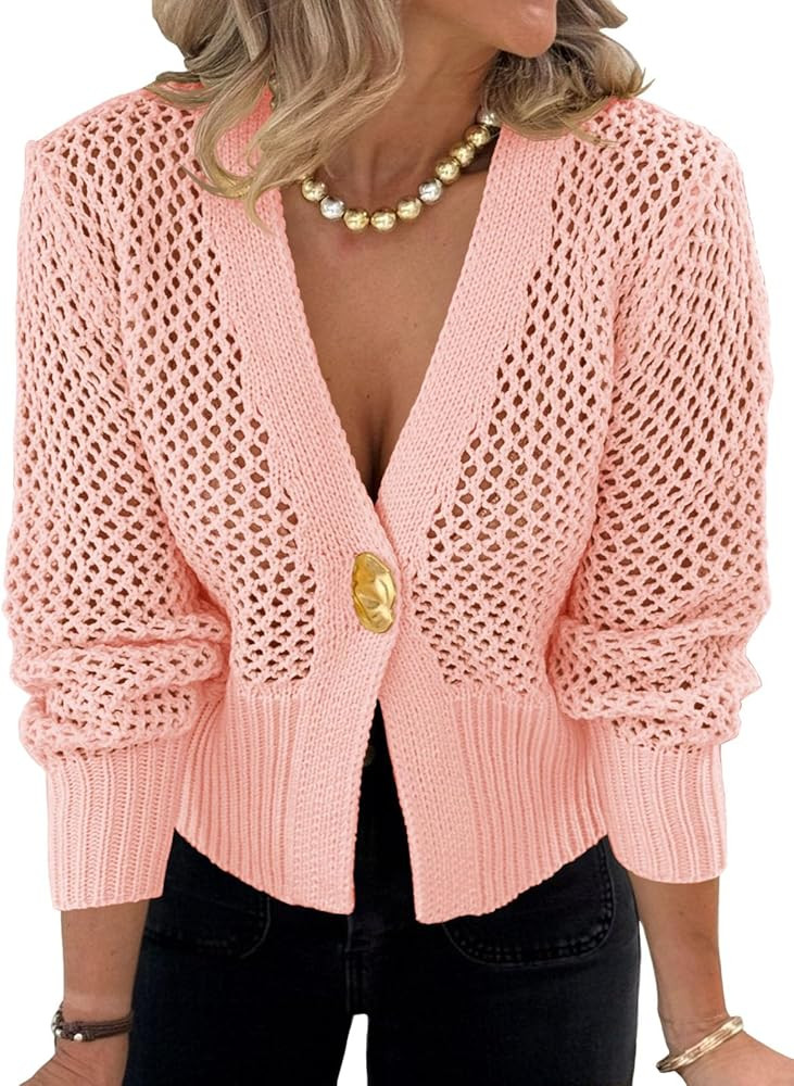 Cicy Bell Womens Cropped Crochet Cardigans Hollow Out Button Down Lantern Sleeve Knit Sweaters Ca... | Amazon (US)
