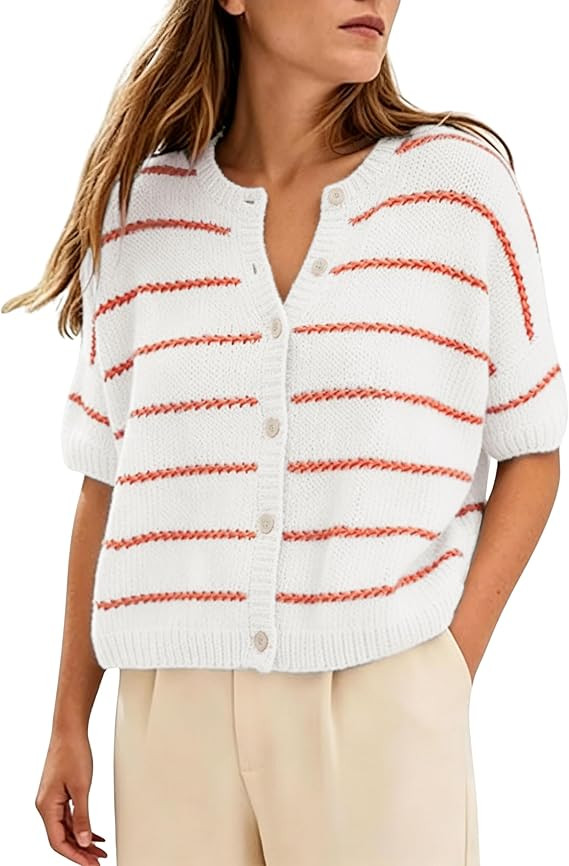 QIBABU Womens Short Sleeve Striped Cardigan Casual Button Down Crewneck Summer Lightweight Croppe... | Amazon (US)