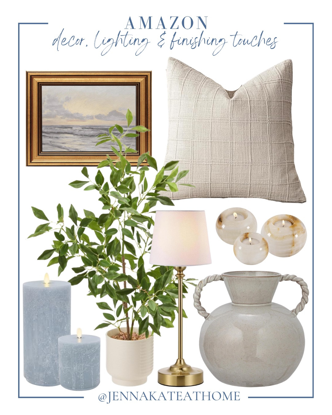 Amazon decor lighting and finishing touches include throw pillow, wall art, candles, lamp, vase, candle holders, and faux plant decor.

Home decor, coastal home, looks for less 

#LTKHome #LTKSeasonal #LTKvlog