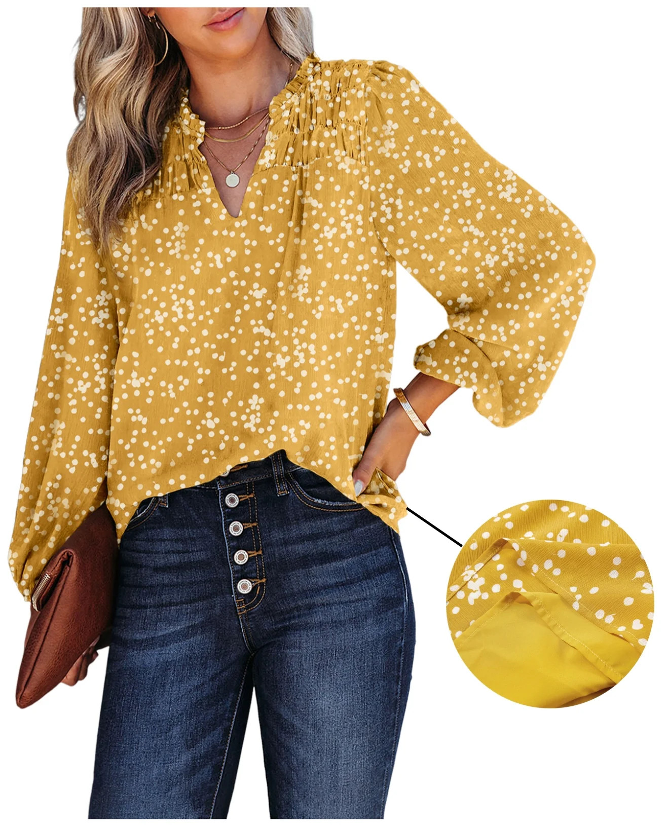 EVALESS Blouses for Women Long Sleeve V Neck Smocked Tops Casual Boho Floral Print Chiffon Blouse... | Walmart (US)