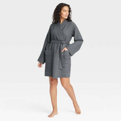 Women's Waffle Short Robe - Auden™ Dark Gray M/L: Cotton Blend, Recycled Polyester, Midweight, Front Tie, Long Sleeve, Machine Washable | Target