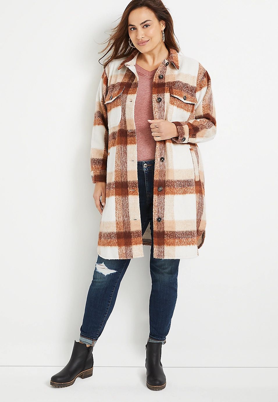Plus Size Neutral Plaid Longline Wool Shacket | Maurices