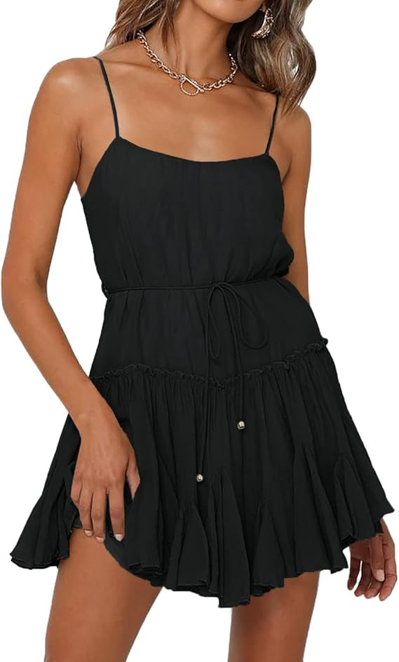 Onedreamer Women Summer Dress Spaghetti Strap Waist Tie Ruffle Mini A Line Flowy Tiered Short Dre... | Amazon (US)