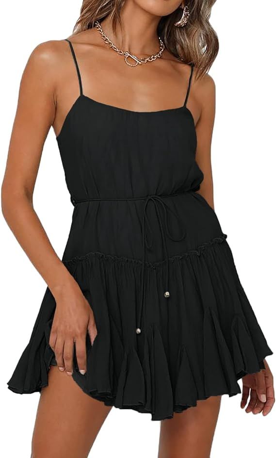 Onedreamer Women Summer Dress Spaghetti Strap Waist Tie Ruffle Mini A Line Flowy Tiered Short Dre... | Amazon (US)