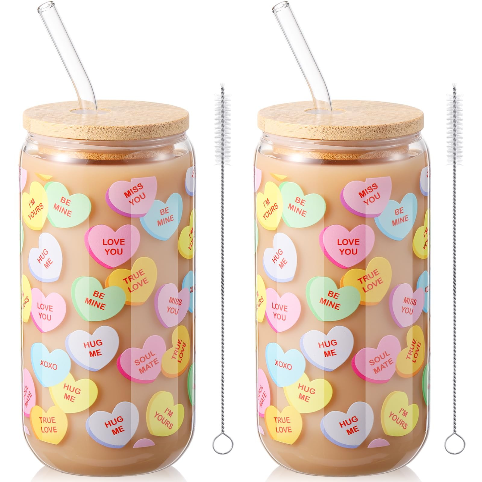Sliner 2 Pcs Valentine's Day Heart Glass Cups Drinking Glasses Tumbler 16 oz Iced Coffee Cup with... | Amazon (US)
