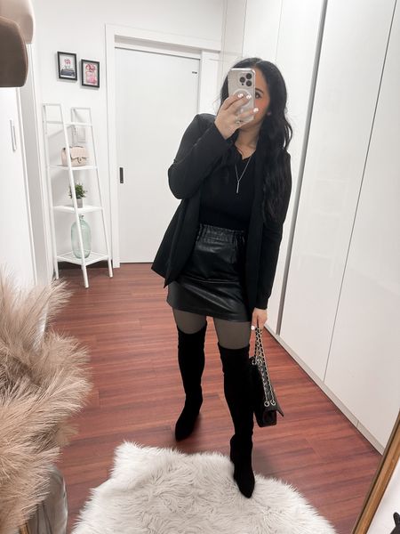 All black outfit . Leather skirt . Bodysuit. Blazer. Casual style . Casual outfit . Outfit ideas . 

#LTKover40 #LTKMostLoved #LTKstyletip