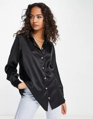 Miss Selfridge oversized satin shirt with diamante buttons in black | ASOS (Global)