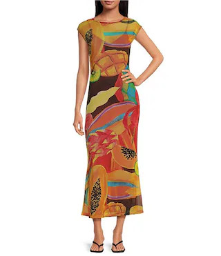 Never Fully Dressed Rio Printed Boat Neck Cap Sleeve Mesh Midi Dress | Dillard's | Dillard's