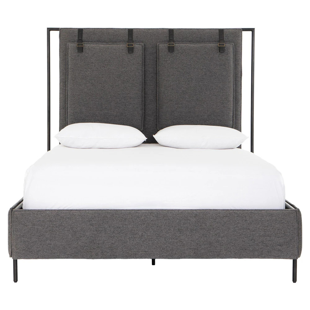 Sareen Modern Classic Grey Ash Upholstered Leather Strap Iron Legs Bed - Queen | Kathy Kuo Home