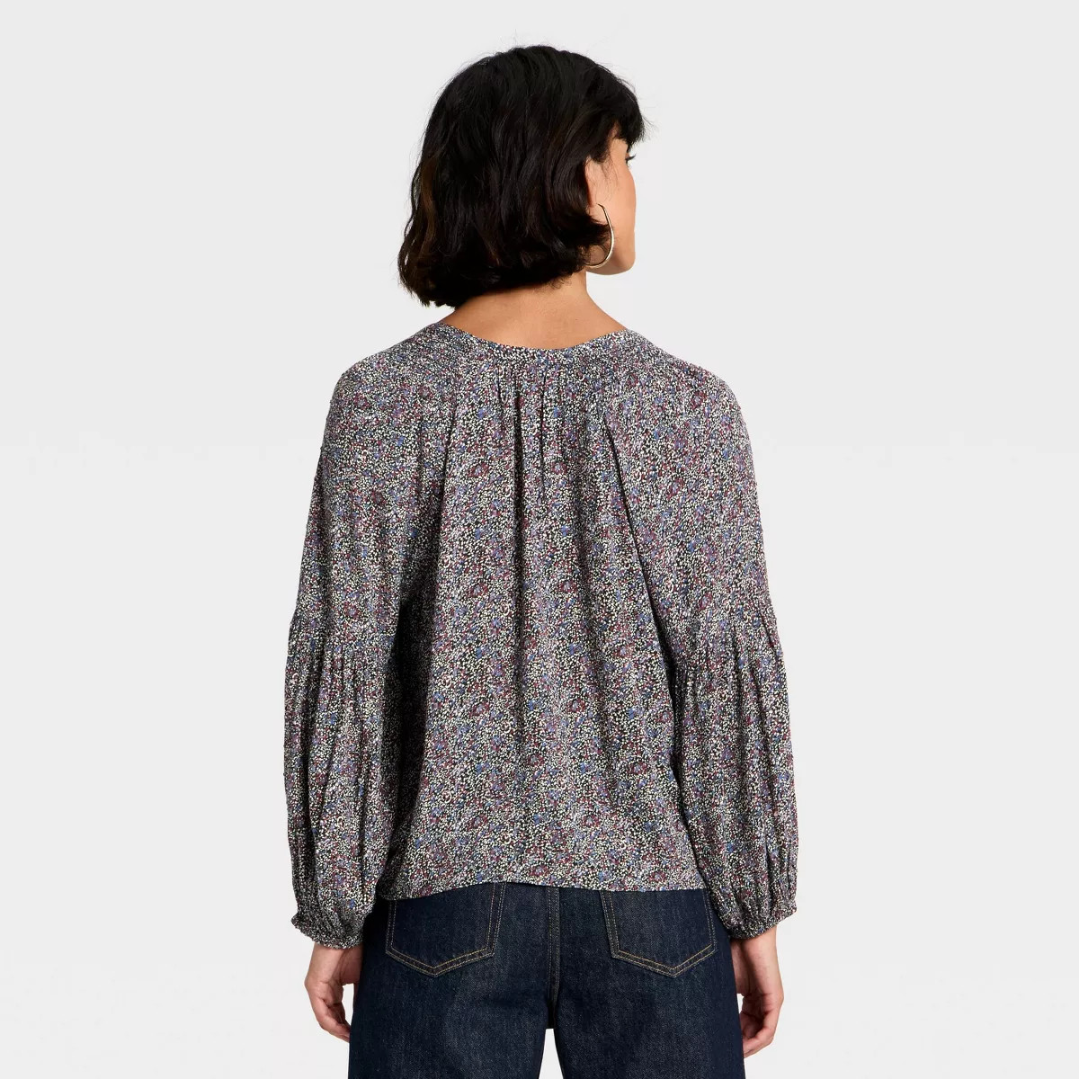 Women's Balloon Long Sleeve Button-Down Blouse - Universal Thread™ Navy Blue Abstract XS | Target
