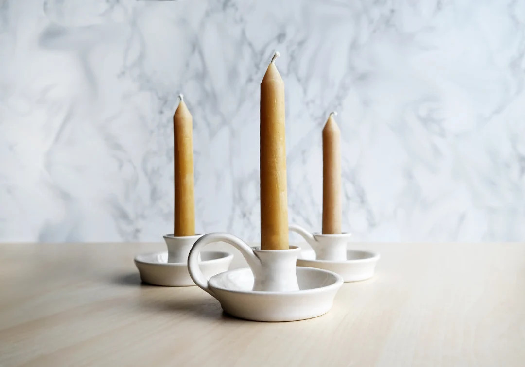 White Taper Candle Holder With Handle - Ceramic Candlestick Holder | Hygge Taper Holder - Farmhou... | Etsy (US)